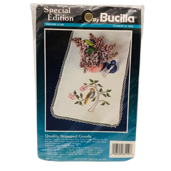 New Bucilla Stamped Cross Stitch Sparrow in Tree Special Edition Dresser Scarf - Picture 1 of 6